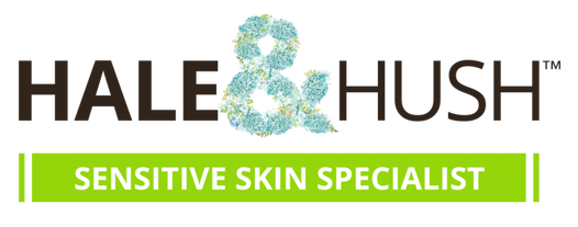 A green and blue logo with the words Hale & Hush, Sensitive Skin Specialist