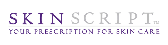 A blue and gray logo with the words Skin Script, Your Prescription for Skin Care