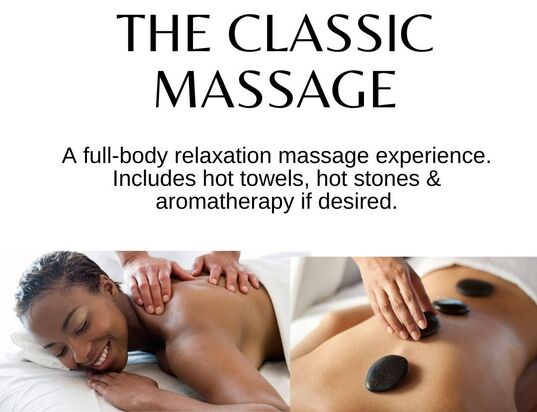 A description of relaxation massage services, with a smiling woman receiving a massage