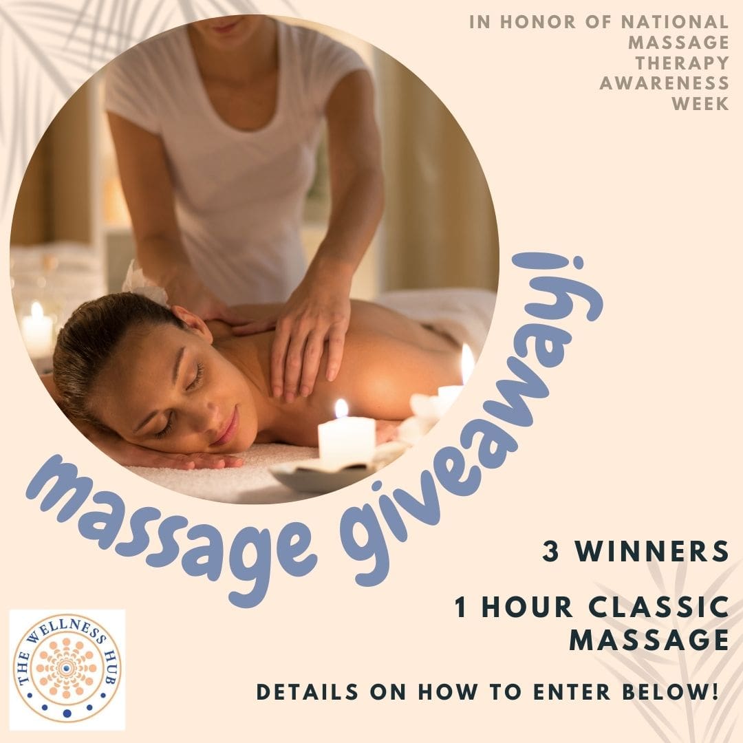 A image explaining a massage giveaway in honor of national massage therapy awareness week in October of 2023
