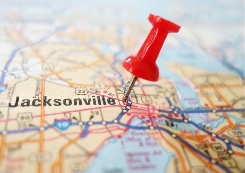 Map of Jacksonville, Florida with a red pin marking the downtown area