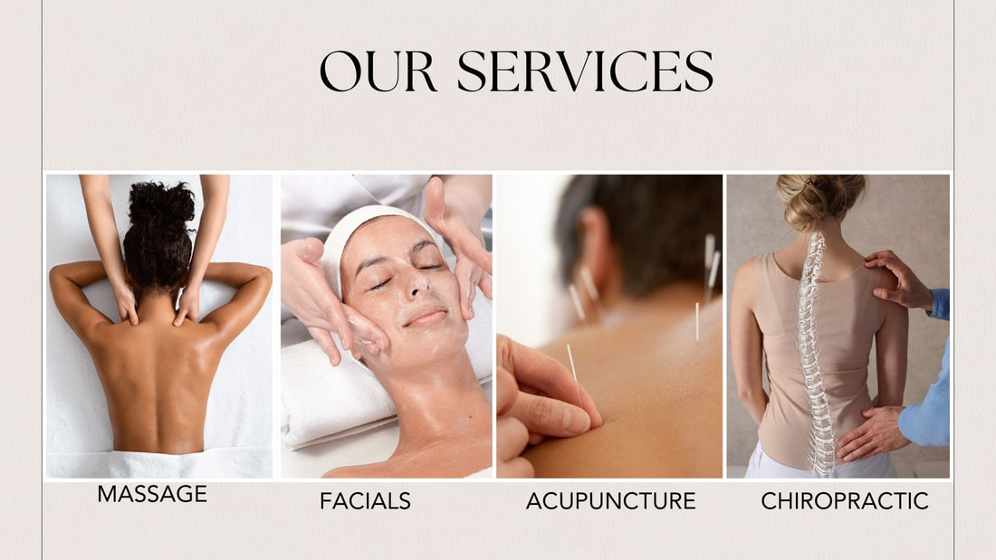 A picture of massage therapy, acupuncture, facials and chiropractic: services at The Wellness Hub